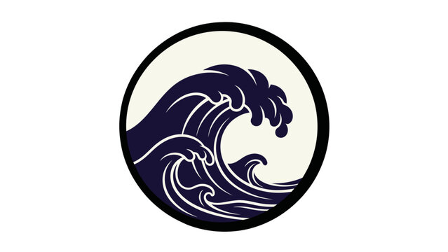 Ocean Wave Emblem: A stylized illustration of powerful, dark blue ocean waves cresting and breaking within a circular frame, symbolizing nature's force and the sea.