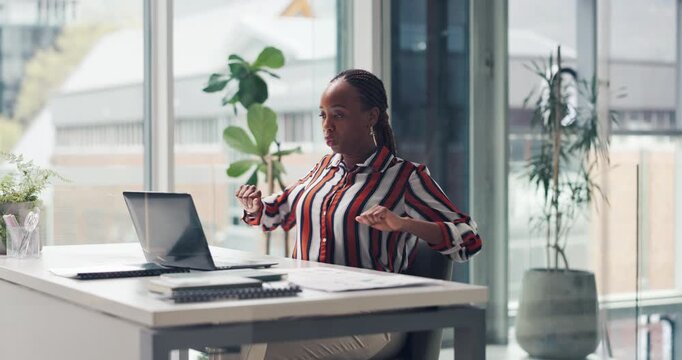 Business, stretching and black woman in office, laptop and completed task with break, internet and relax. African person, copywriting journalist in workplace, finished project and breathing with pc