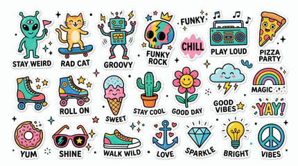 Fototapeta premium A funky doodle sticker set features various colorful illustrations of objects and phrases.