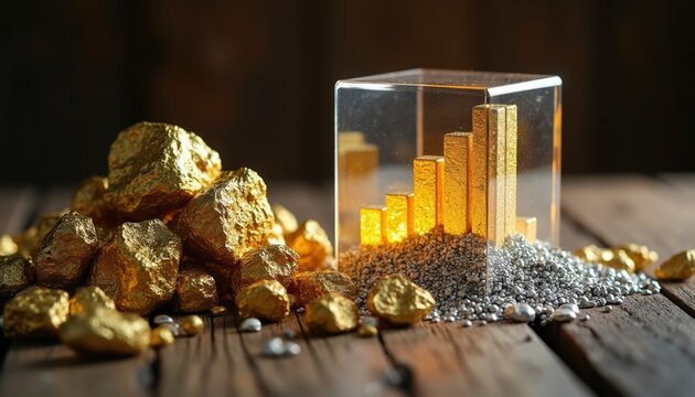 Gold nuggets and silver granules surround a glass cube displaying a rising bar graph of gold bullion bars. Concept of precious metal investment growth and wealth accumulation.