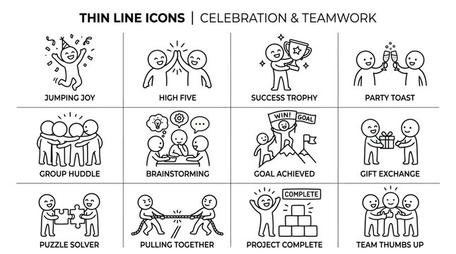 Thin Line Icons Celebrating Teamwork and Success.