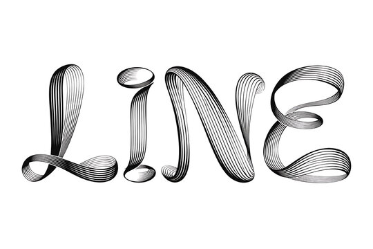Fluid flowing typographic artwork spelling 'LINE' with a graceful ribbon-like formation showcasing intricate parallel stroke textures creating a sense of depth and organic movement perfect for design 