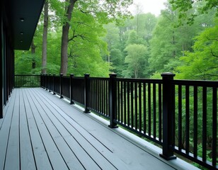 Obraz premium Modern deck with black railing overlooks lush green forest. Light grey wooden planks offer a spacious outdoor area with nature views. Clean contemporary design connects home to trees.
