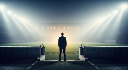 Fototapeta premium Man standing alone on foggy football field at night