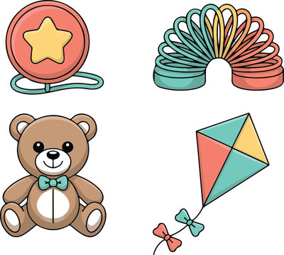 Cute children toys vector icon set featuring teddy bear colorful slinky spring flying kite and yoyo