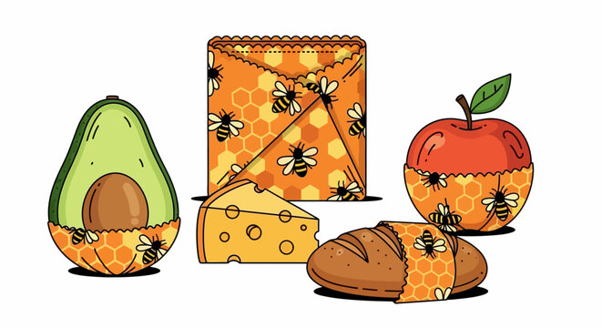 Colorful food items with bee pattern, healthy eating concept, illustration