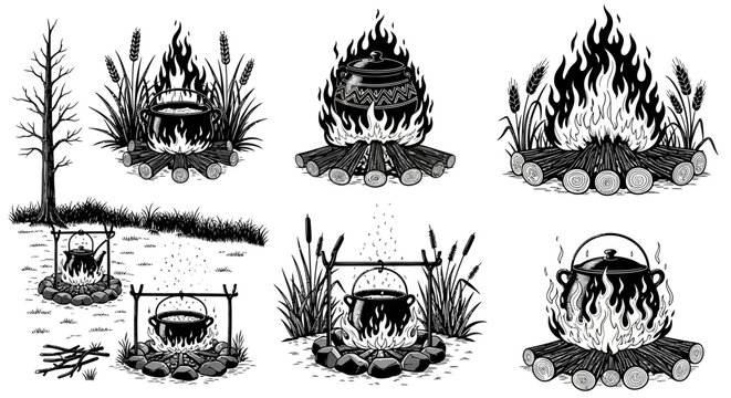 Campfire illustrations, burning flames, outdoor fire pit, vector graphics