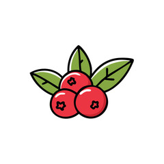 Obraz premium Three bright red cranberries with green leaves, illustrated fruit, healthy food concept