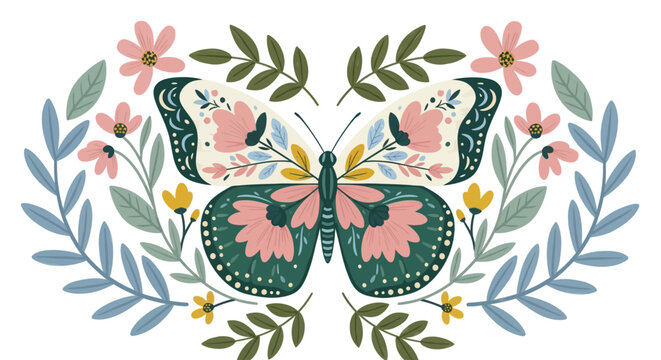 Colorful butterfly surrounded by flowers and leaves, decorative border design, floral pattern background