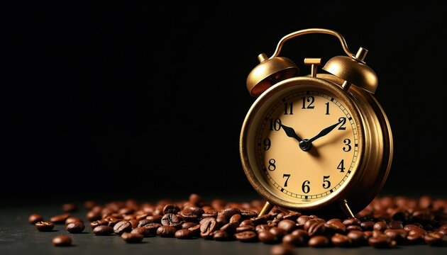 Golden alarm clock sits on dark table surrounded by coffee beans. Early morning wake up symbol. Time for coffee concept. Classic timepiece suggests waking up.