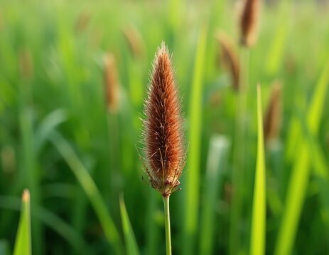 Close-up view of a brown sedge seed head in a green grassy field. The plant is Cyperus rotundus also known as nutsedge or nutgrass. It grows naturally.