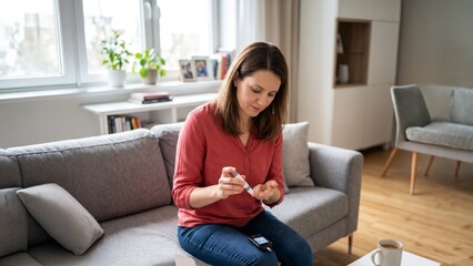 Fototapeta premium Woman sitting on a couch in a cozy home environment using a digital glucometer to measure blood sugar levels, health monitoring, diabetes management.