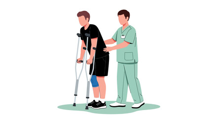 Fototapeta premium Man with knee injury on crutches, doctor or nurse assisting, medical help concept, rehabilitation