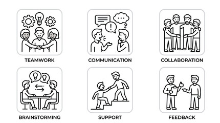Fototapeta premium Teamwork communication collaboration brainstorming support feedback icons.
