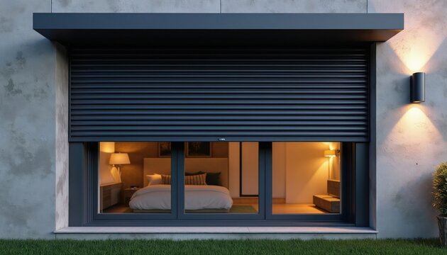 Dark roller shutters cover the bottom part of a window, showing a cozy bedroom interior. Shutters provide security and privacy, blocking outside view. Lights on exterior wall illuminate the facade.
