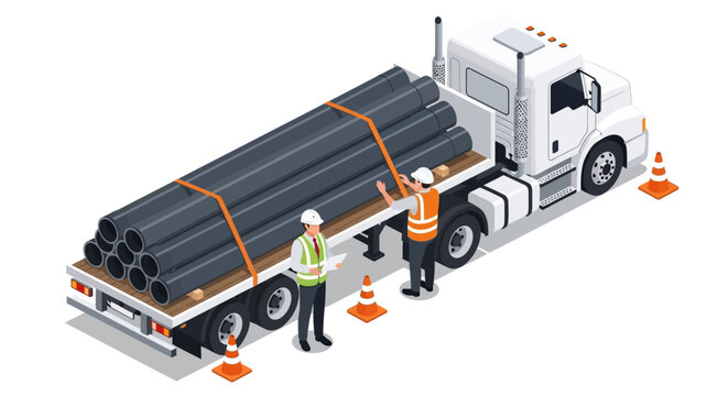 Workers inspecting pipes on truck, industrial transportation concept, construction background
