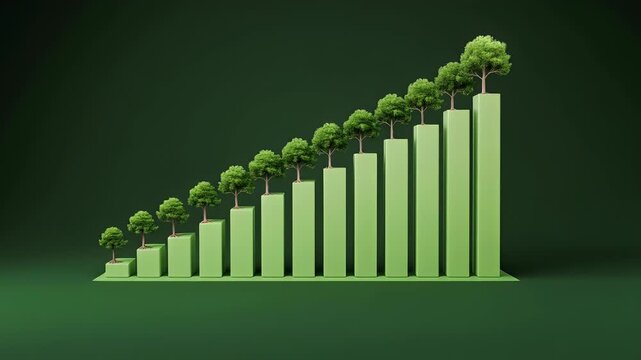 A rising green bar graph illustrates growth with trees on top increasing.