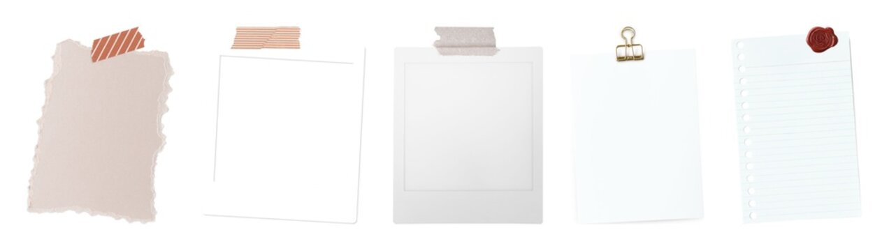 A set of five paper notes with various tapes and clips attached.