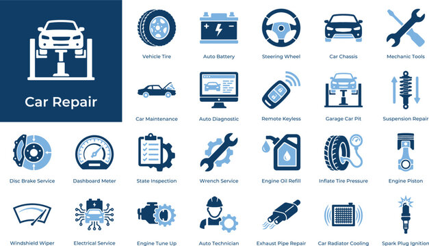 Car repair auto service mechanic vehicle maintenance tire battery engine diagnostic vector icon set symbol illustration graphic design element collection modern flat style