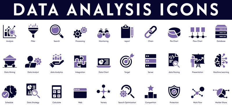 Data analytics solid icons vector illustration that contains protection, variety, calculate, analyst, mining, schedule, flow chart, report, monitoring, processing, search, filter, chain, database, 