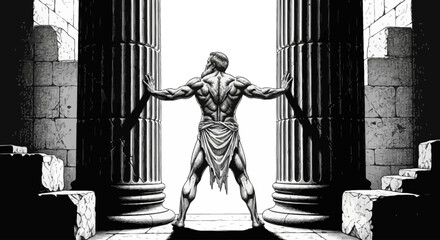 Fototapeta premium Muscular man standing between ancient columns, powerful male figure, greek mythology concept, dramatic illustration