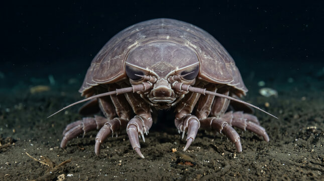 Giant Deep Sea Isopod Front View On Ocean Floor