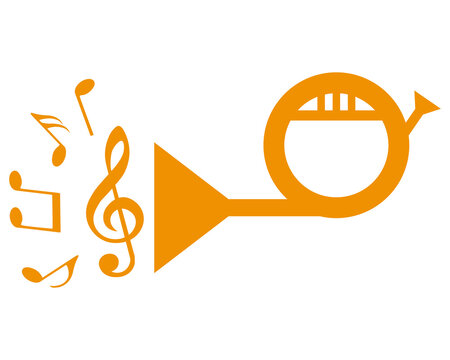 Music notes and musical instrument, french horn silhouette, vector illustration.