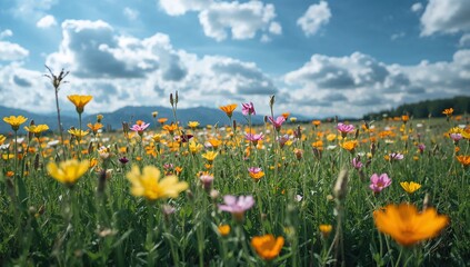 Obraz premium Vibrant Wildflower Meadow in Full Bloom Under Dramatic Cloudy Sky Countryside Landscape