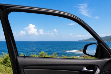 Fototapeta premium 開いた車のドア越しに見る夏の海景色
