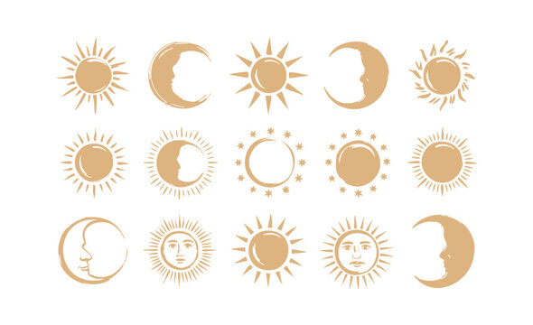 Celestial gold sun and moon phase icons, hand drawn mystical vectors