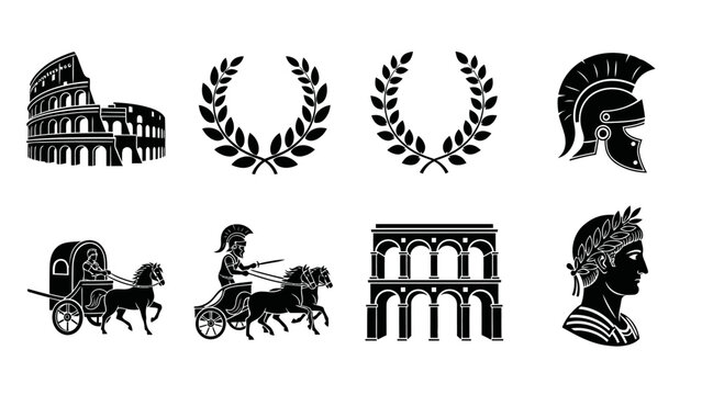 Ancient Rome Silhouette Set | Colosseum, Laurel Wreaths, Soldiers, and Chariots | Editable Vector for History, Culture, and Classical Design Projects