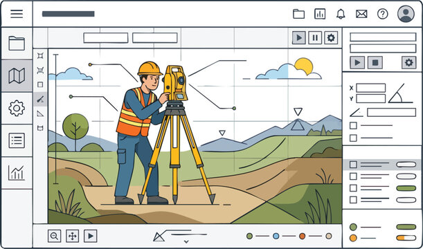 Surveyor using total station on software interface vector