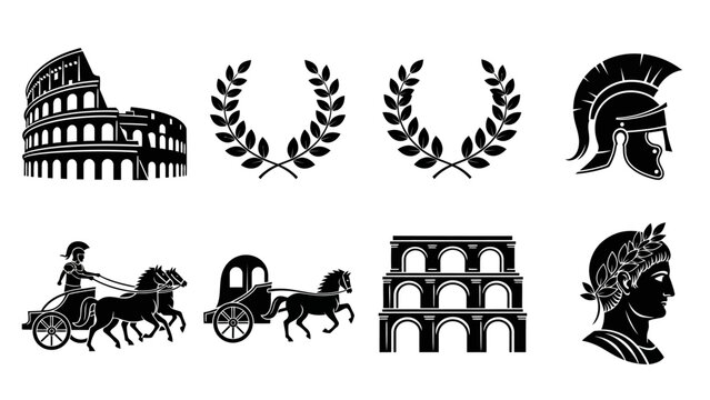 Ancient Rome Silhouette Set | Colosseum, Laurel Wreaths, Soldiers, and Chariots | Editable Vector for History, Culture, and Classical Design Projects