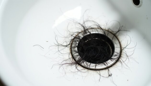 Thick hair forms clog in bathroom sink drain hole. Wet dark hair mass blocks water flow. Cleaning needed for plumbing fixture, common home issue.