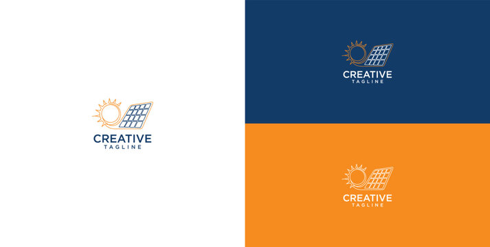 Solar panel and sun logo design for energy company, renewable power generation, clean electricity and eco-friendly solutions