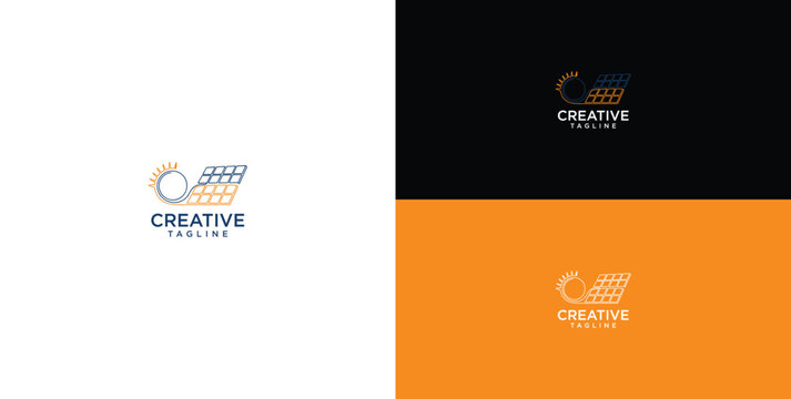 Abstract logo design featuring stylized solar panel and sun elements, symbolizing innovative renewable energy, sustainable power, and green technology solutions