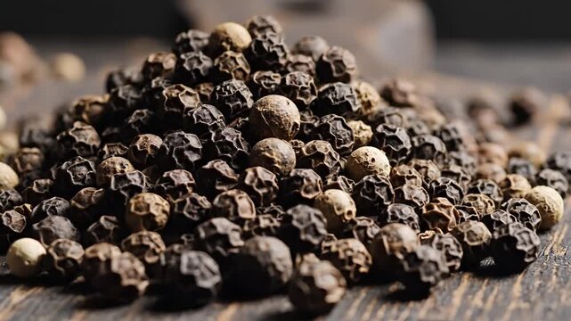 Closeup Macro Shot of Dried Black Peppercorns on Wooden Surface.