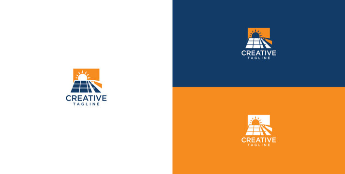 Modern and creative logo design featuring solar panels capturing the vibrant energy of a rising sun, symbolizing sustainable development and ecological power solutions for forward-thinking businesses