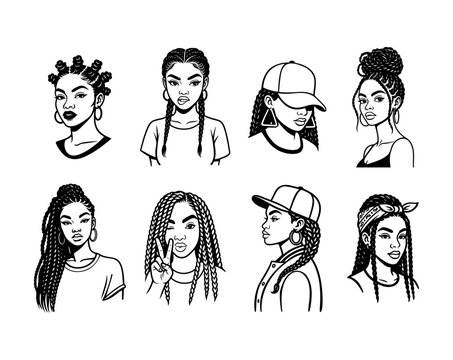 Black women hairstyles portrait collection vector illustration set