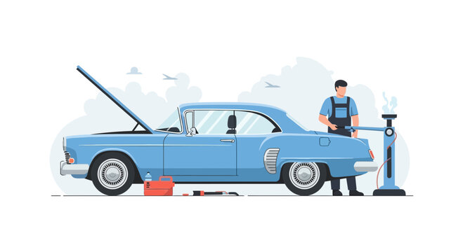 Mechanic repairing vintage blue car with open hood, toolbox and equipment
