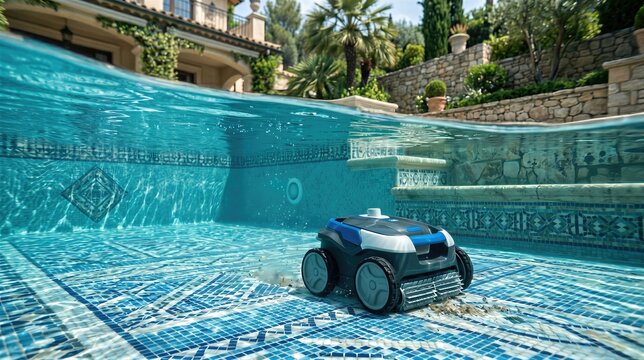 Robotic pool cleaner cleaning floor of private swimming pool. Underwater view of automatic device for maintenance and hygiene of mosaic basin. Modern water purification technology solution.