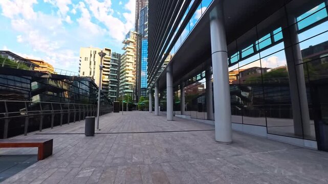 Walking Along Modern Promenade With Futuristic Skyline View, Milan, Italy - POV VIDEO