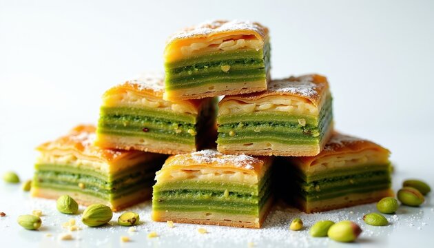 Stack of sweet pistachio baklava pastries. Layers of crispy phyllo dough and nutty green filling. Sweetened with syrup and dusted with powdered sugar. Delicious Middle Eastern dessert.
