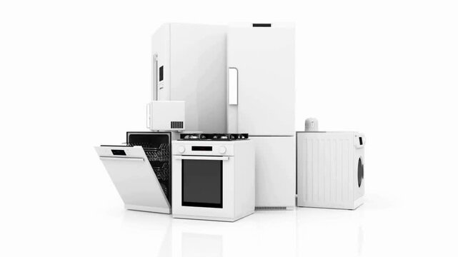 Group of Modern White Home Appliances on White Background