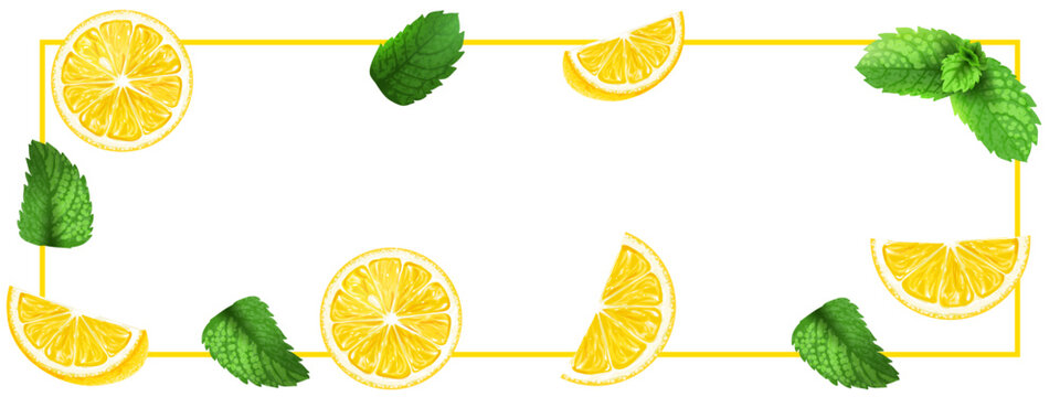 Lemon slices and slices with green mint mojito leaves and a frame on a transparent background.Close-up.The design element
