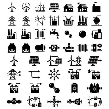 Integrated renewable energy power to gas loop and green hydrogen station icons set