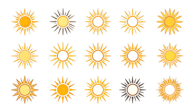 Collection of pixel art sun icons with radiating light rays, different styles and colors, isolated on white