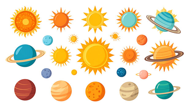Collection of pixel art suns and planets with rings, diverse sizes and colors, space illustration, retro game style