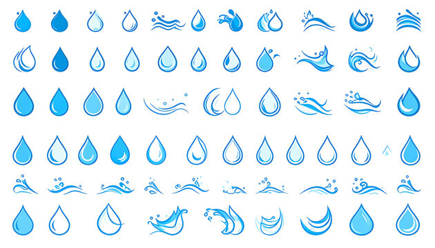 Collection of pixel art water drop icons and splashes in various blue tones, simple design elements for digital use