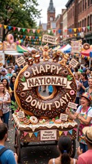 Fototapeta premium Woman in colorful apron pushing cart with giant donut during National Donut Day parade. Festive street celebration with cheering crowd and decorations. Happy holiday food festival event.